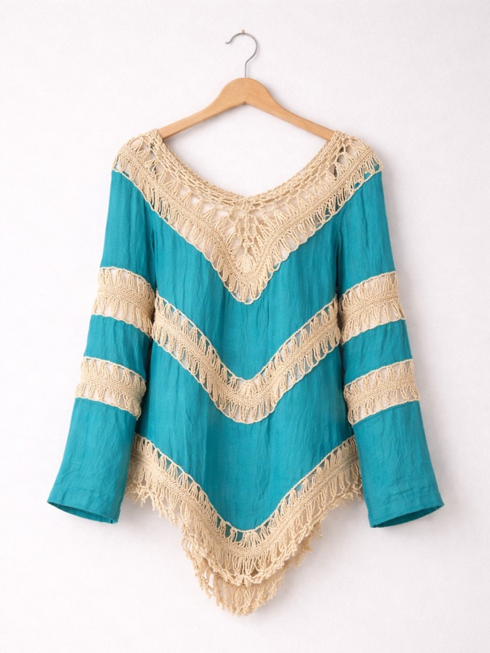 Umgee Teal Boho Tunic Crochet Lace Trim Top Size M Beachy Festival